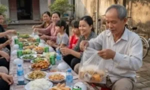 Ông chủ vựa tôm đi đám giỗ xin túi nylon mang thức ăn thừa về